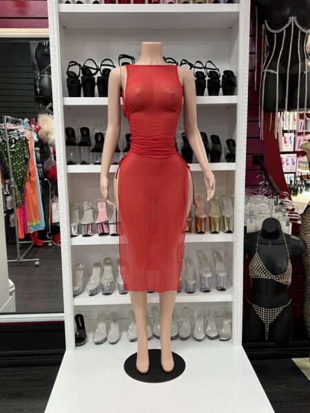 red sheer midi dress clubwear