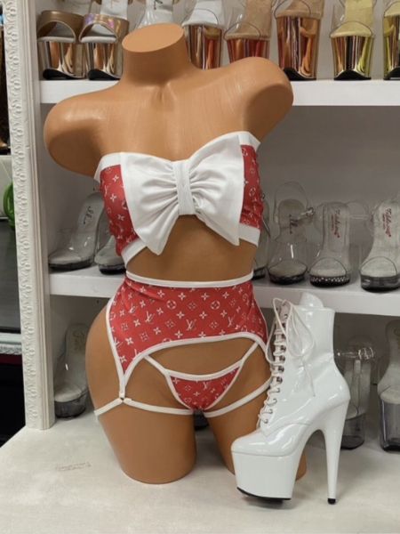 Red and White Inspired 3pc Set with a Big Center Bow and Garters Attached