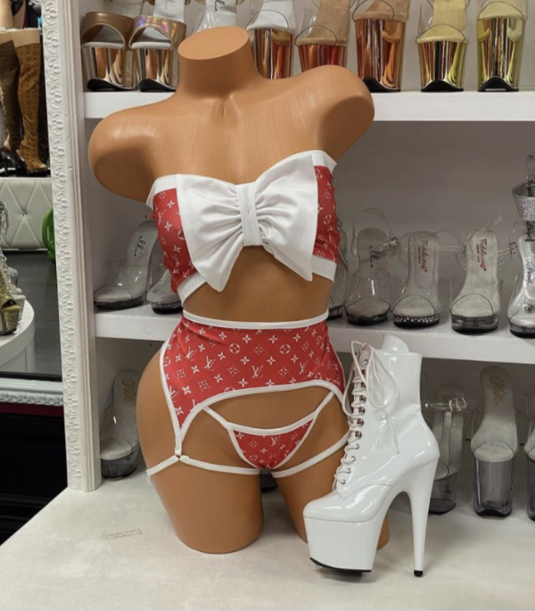 Red and White Inspired 3pc Set with a Big Center Bow and Garters Attached