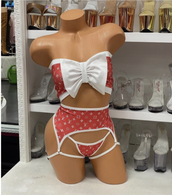 Red and White Inspired 3pc Set with a Big Center Bow and Garters Attached - Image 3