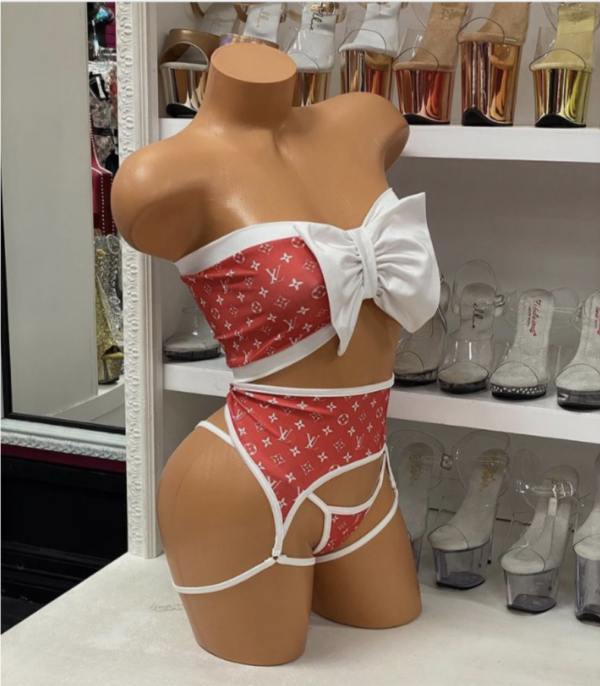 Red and White Inspired 3pc Set with a Big Center Bow and Garters Attached - Image 4