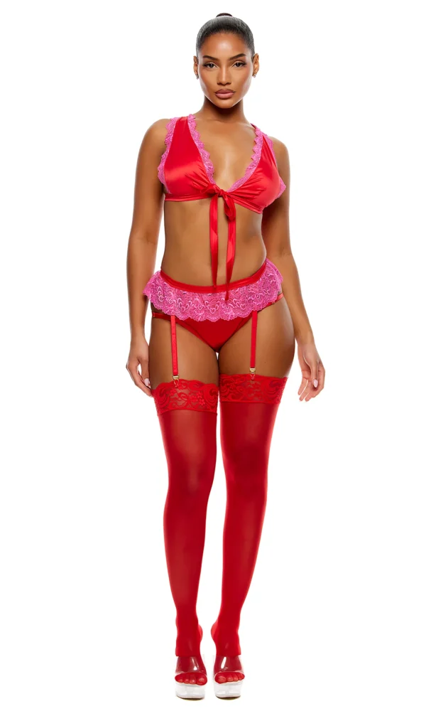 No Strings Attached Satin and Mesh Lace Trim Bra and Garter Belt Lingerie Set - Red Pink