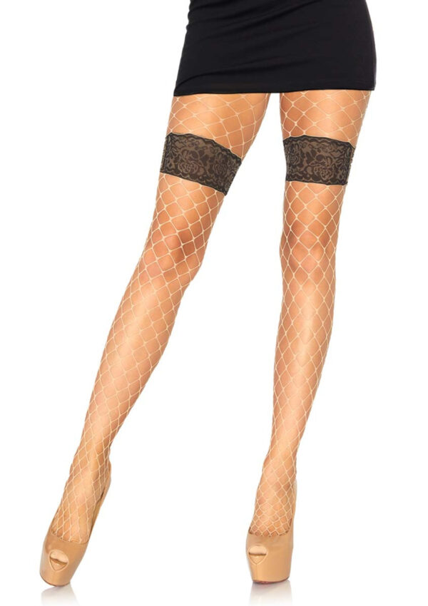 Diamond Net Tights with Faux Thigh Garter and Floral Waistband