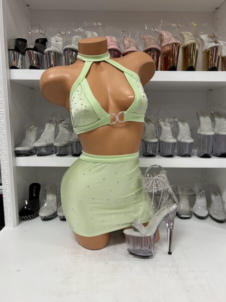Light Green Rhinestone Skirt Set — Pleasure Zone Houston