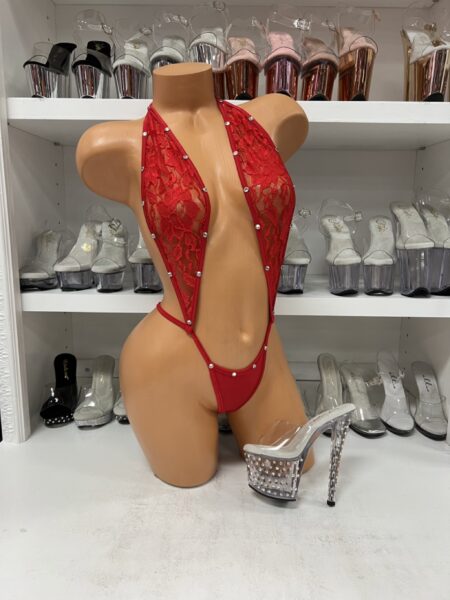 Red Lace Sling Romper with Stones