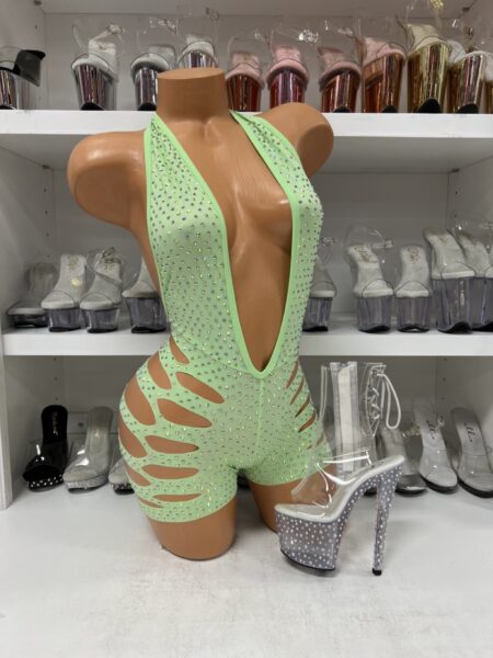 Light Green Slashed Rhinestone Romper