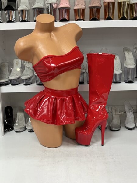 Red Vinyl Lace Up Bustier Top & Skirt