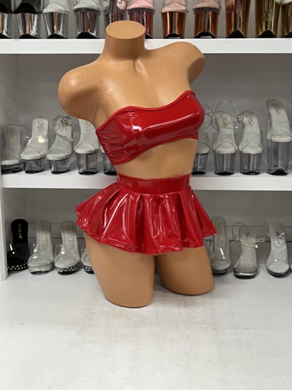 Red Vinyl Lace Up Bustier Top & Skirt - Image 2