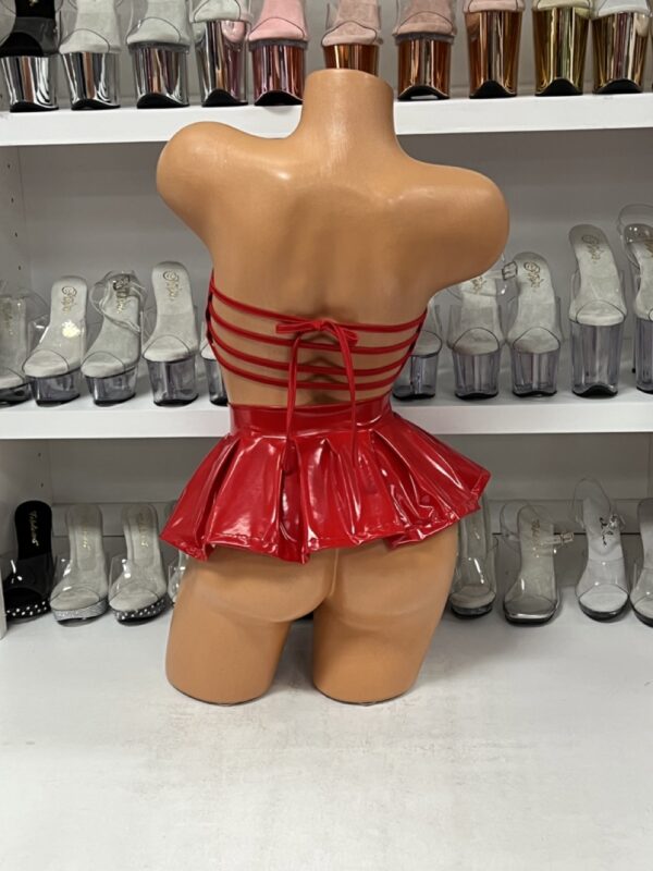 Red Vinyl Lace Up Bustier Top & Skirt - Image 4