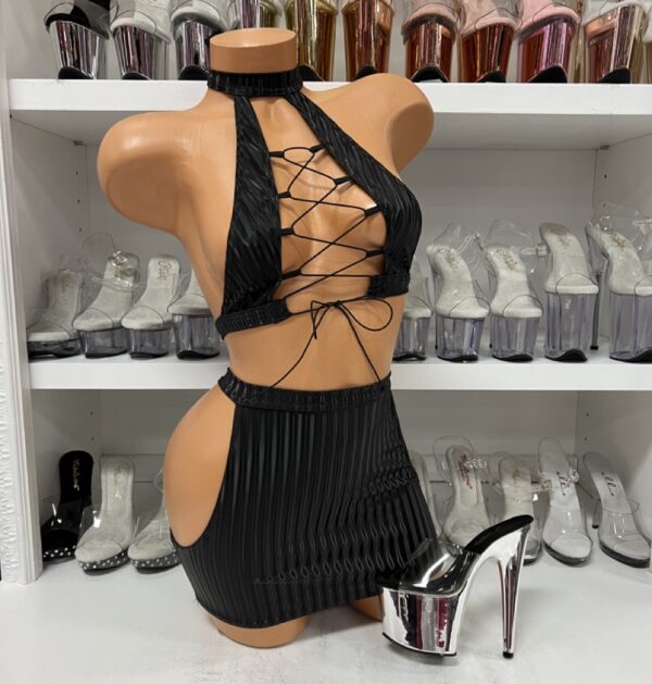 Black Vinyl Skirt Set with Lace Up Top