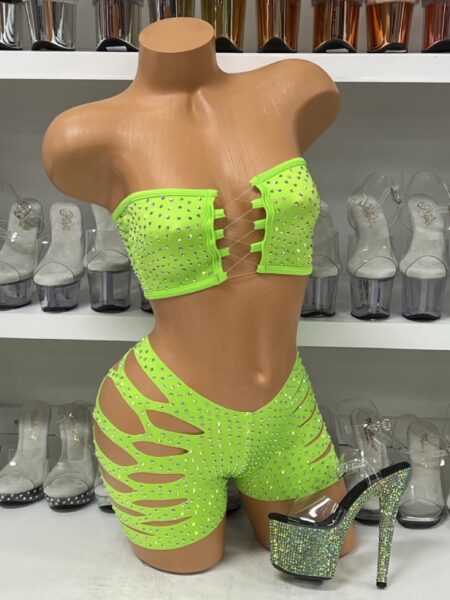 Neon Green Bandeau Top with Sliced Shorts and Rhinestones