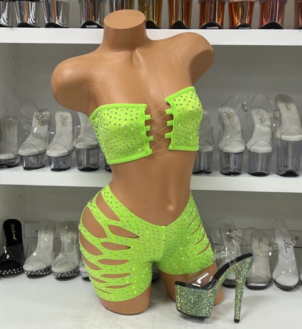 Neon Green Bandeau Top with Sliced Shorts and Rhinestones
