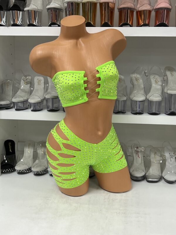 Neon Green Bandeau Top with Sliced Shorts and Rhinestones - Image 3