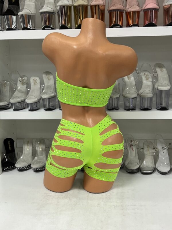 Neon Green Bandeau Top with Sliced Shorts and Rhinestones - Image 5