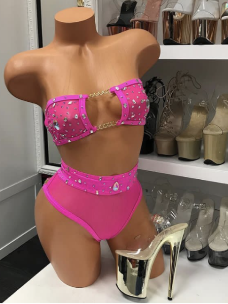 Hot Pink High Waist Rhinestone 2pc Set — Pleasure Zone Houston