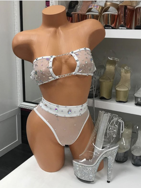 White Mesh High Waist Rhinestone 2pc Set