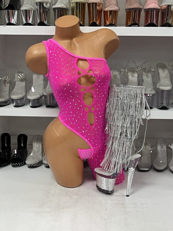 Hot Pink Rhinestone One Leg Romper with Thong
