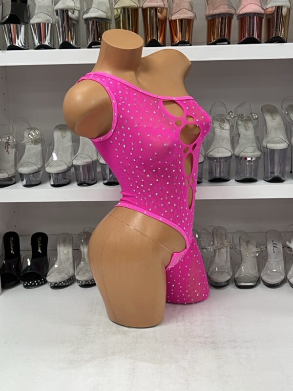 Hot Pink Rhinestone One Leg Romper with Thong - Image 3