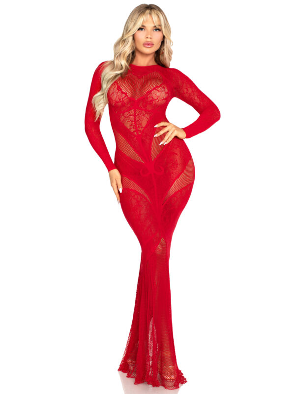 Lace and Net Body Con Gown with Heart Keyhole Detail