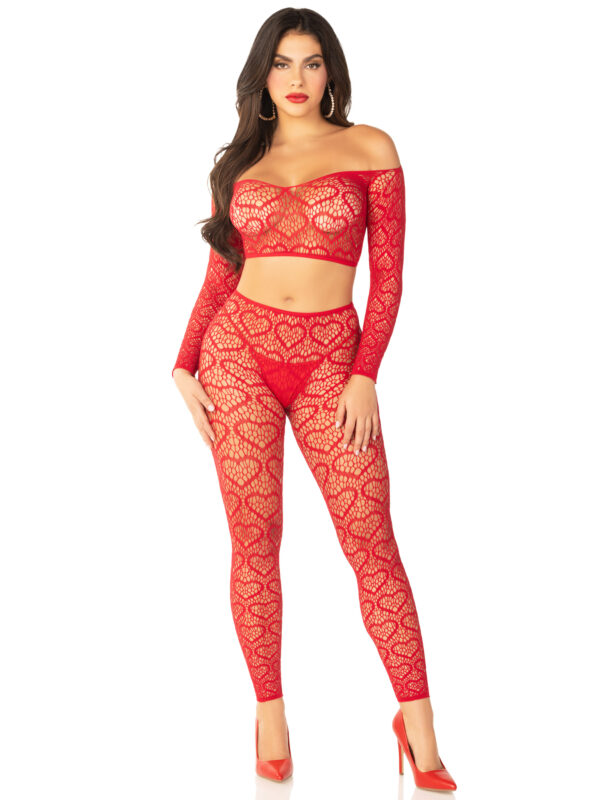 2 PC Heart Net Off-the-Shoulder Crop Top and Footless Tights