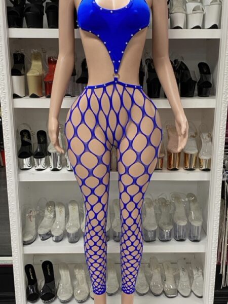 Royal Blue Slit Top with O-Ring Connector to Fishnet Pants — Pleasure Zone Houston