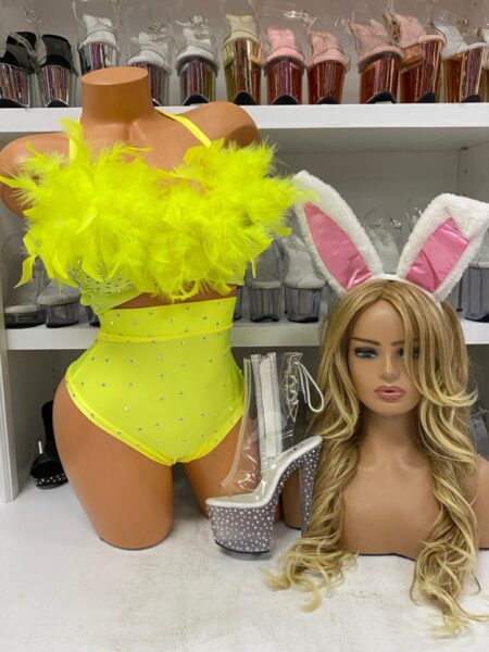 Yellow Feather Bra and High Waist Set