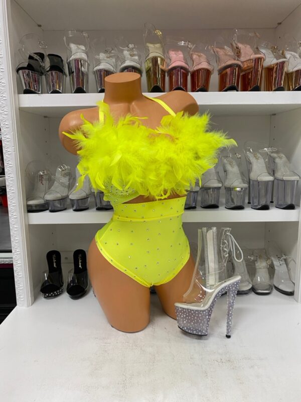 Yellow Feather Bra and High Waist Set - Image 3