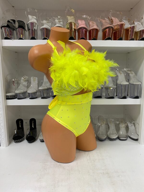 Yellow Feather Bra and High Waist Set - Image 5