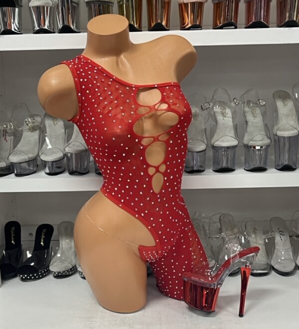 Red Romper Stocking with Exposed Hip and a Thong