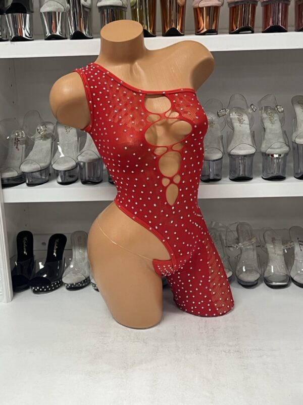 Red Romper Stocking with Exposed Hip and a Thong - Image 3
