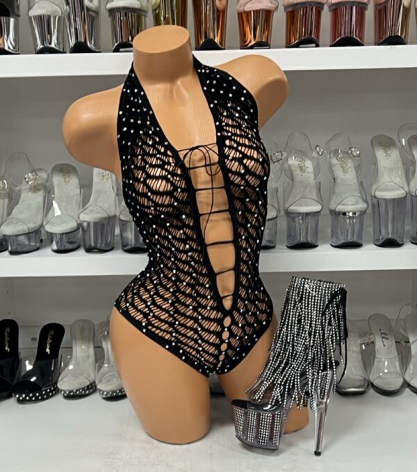 Black Lace Up Romper with Rhinestones