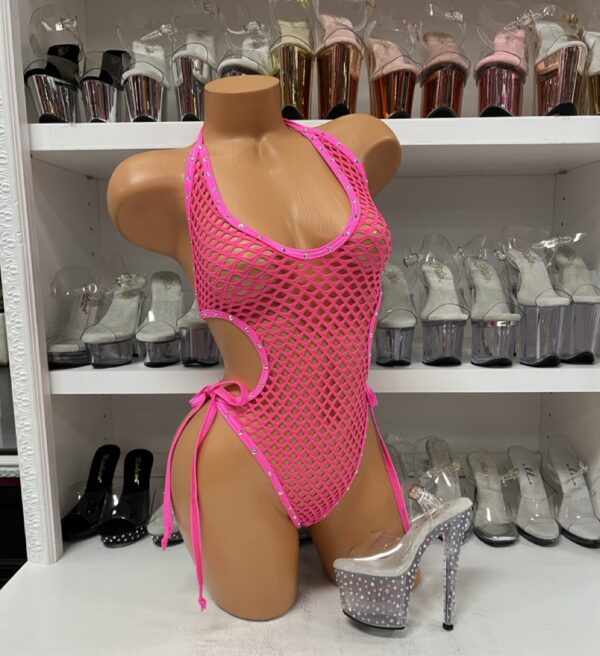 Hot Pink Fishnet Cut Out Romper with Rhinestones
