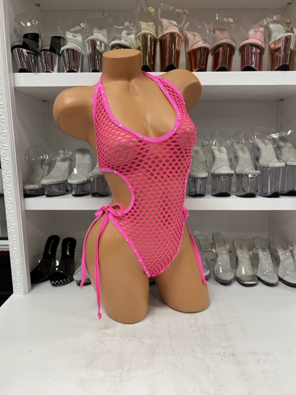 Hot Pink Fishnet Cut Out Romper with Rhinestones - Image 3