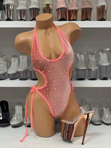 Velvet Coral Cut Out Romper with Rhinestones