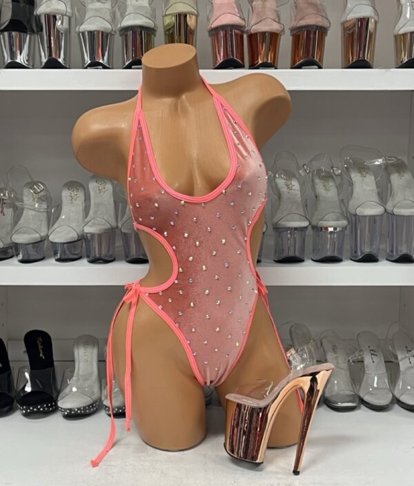 Velvet Coral Cut Out Romper with Rhinestones