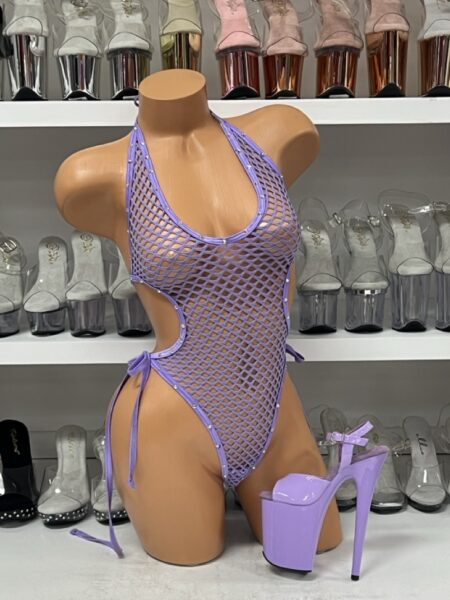 Lavender Fishnet Cut Out Romper with Rhinestones — Pleasure Zone Houston