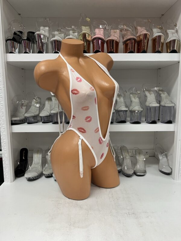 White Mesh Kisses Plunged Chest Bodysuit - Image 4