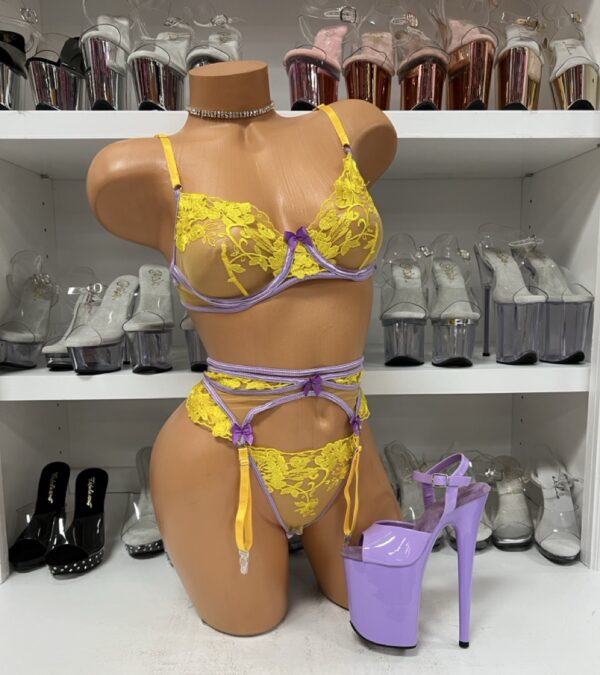 Yellow and Lilac Mesh Floral Lingerie Set