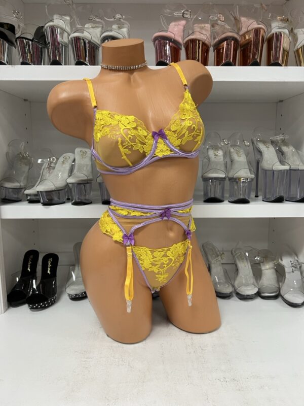 Yellow and Lilac Mesh Floral Lingerie Set - Image 3
