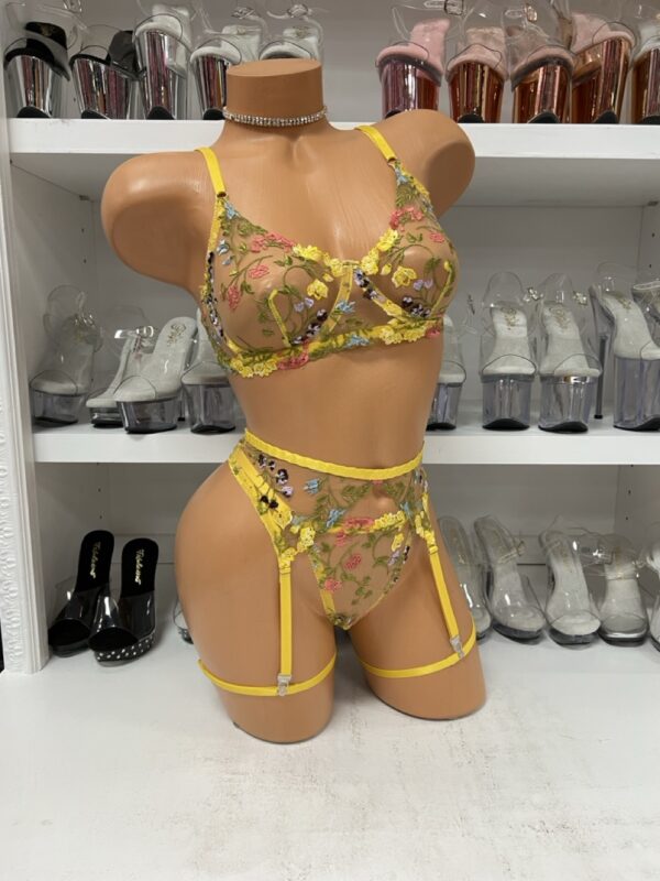 Yellow Floral Three Piece Lingerie Set - Image 3