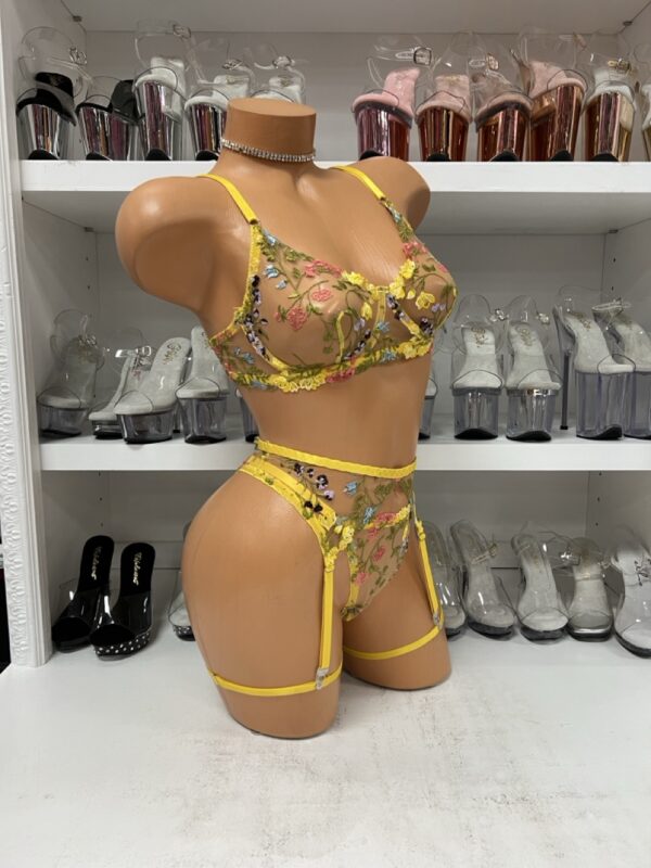 Yellow Floral Three Piece Lingerie Set - Image 4