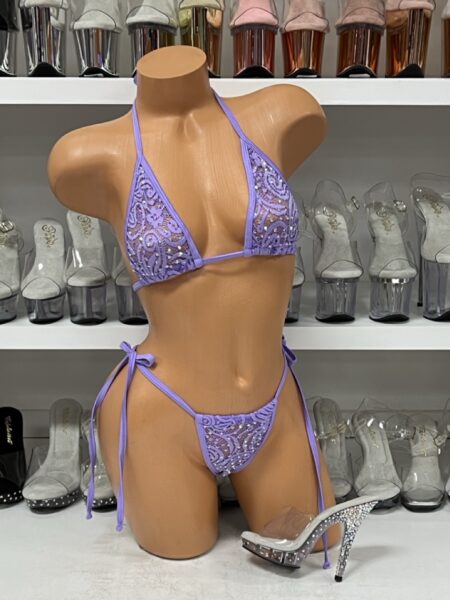 Lilac Lace Bikini with Tie Side Bottoms and Rhinestones — Pleasure Zone Houston