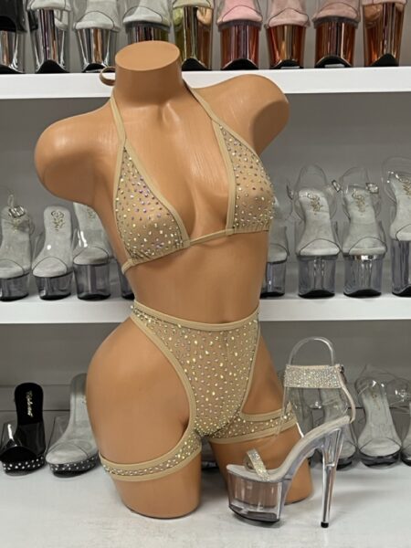 Nude Mesh Layla Tri Top and Wrapped Shorts Set with Rhinestones