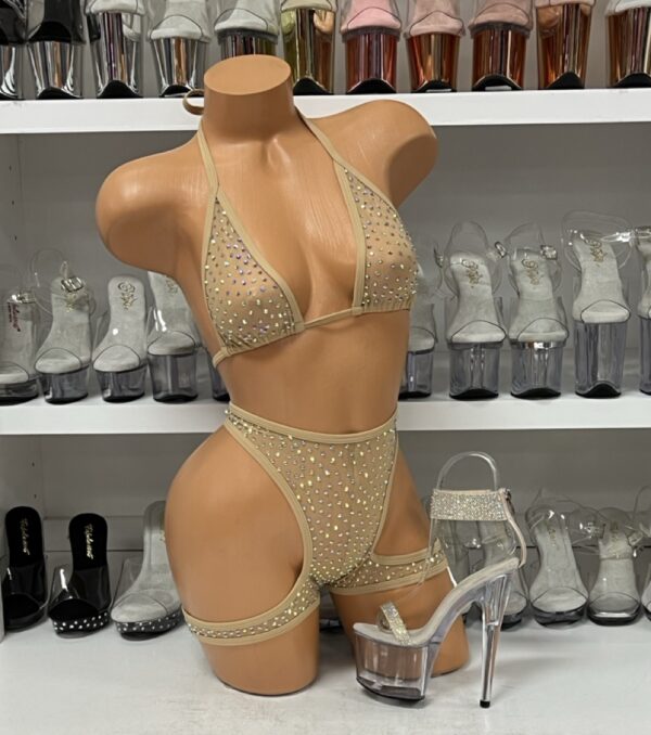 Nude Mesh Layla Tri Top and Wrapped Shorts Set with Rhinestones