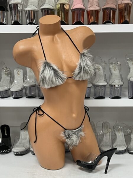 White and Black Fur Mini Bikini Set