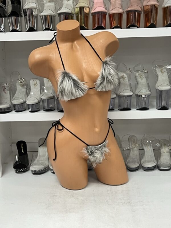 White and Black Fur Mini Bikini Set - Image 3