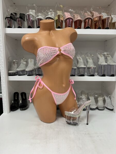 Baby Pink Velvet Tube Top O-Ring and Tie Side Bottoms with Rhinestones