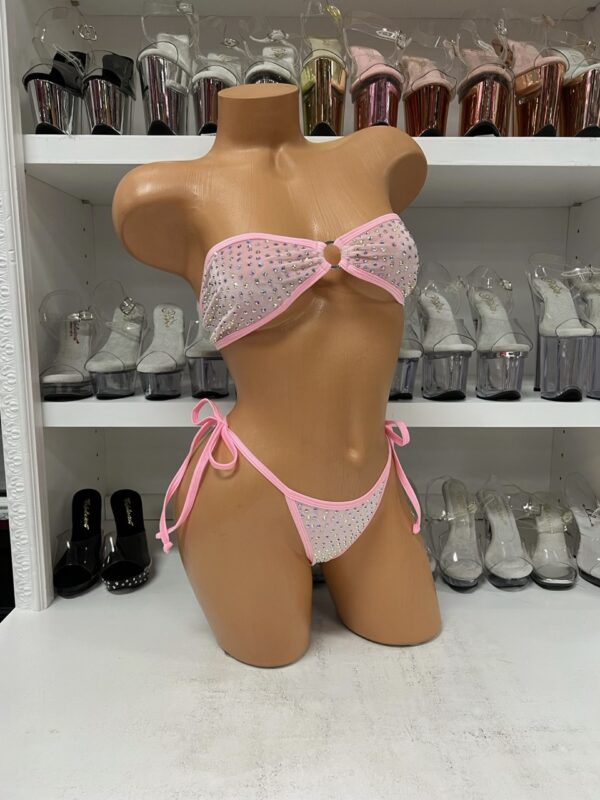 Baby Pink Velvet Tube Top O-Ring and Tie Side Bottoms with Rhinestones - Image 4