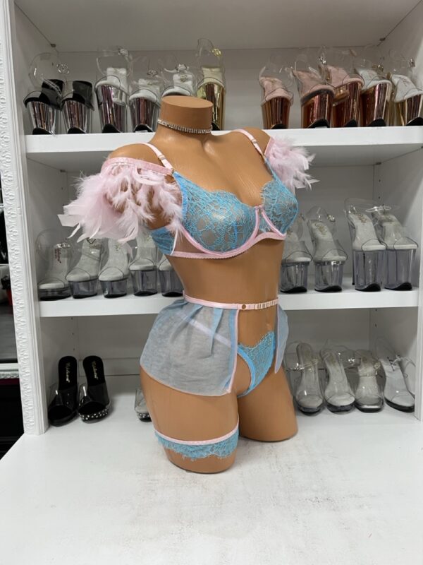 Baby Blue and Pink Lace Lingerie Set with Feathers - Image 4