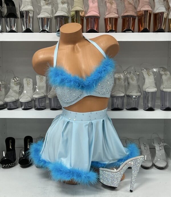 Baby Blue Fuzzy Bra and Skirt with Rhinestones